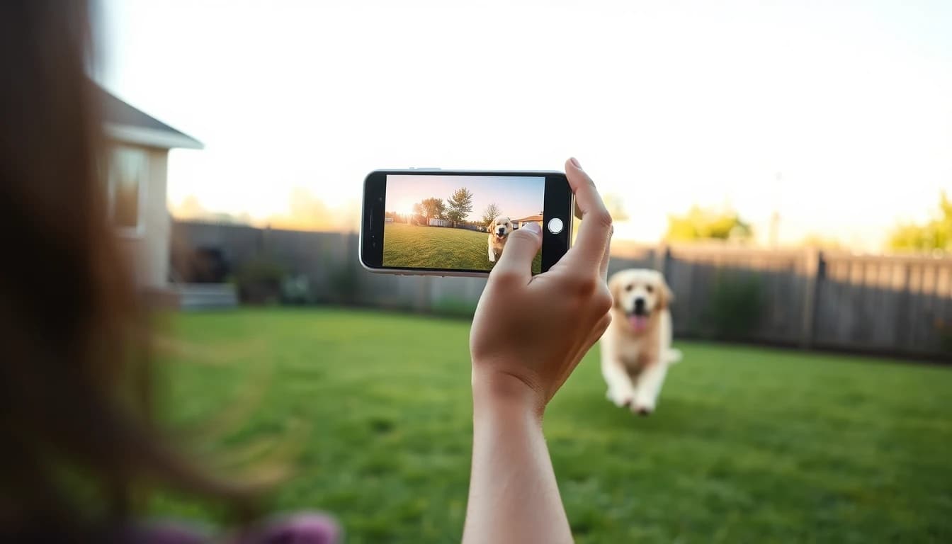Pessoa filmando um vídeo curto de um golden retriever correndo em um quintal ensolarado com o smartphone