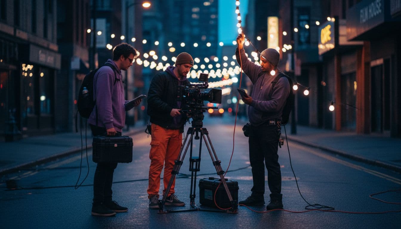 Equipe de filmagem independente montando uma gravação noturna cinematográfica em uma rua da cidade, testada para o Kling gerador de vídeo IA