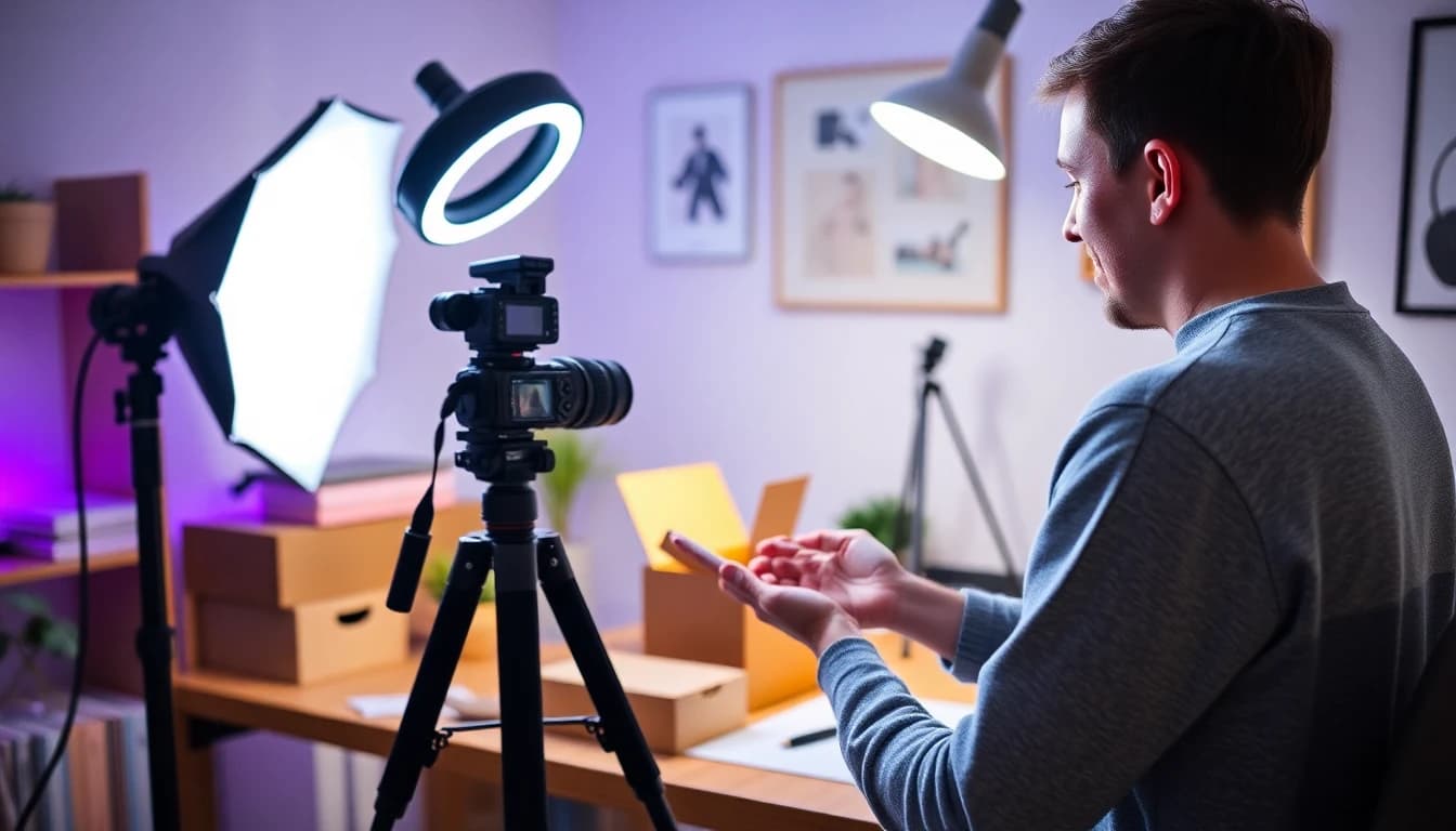Criador filmando um vídeo de unboxing em um estúdio caseiro com iluminação softbox