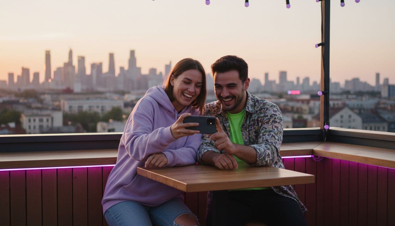 Dois amigos gravando um vídeo curto com o smartphone em um café na cobertura durante o pôr do sol