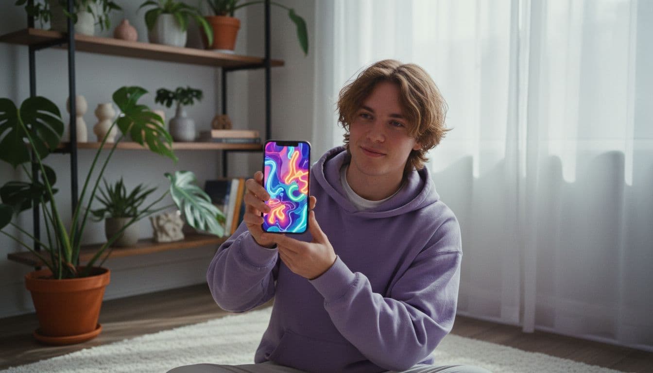 Créatrice visionnant un clip de vidéo IA PixVerse stylisé sur un smartphone dans un home studio lumineux