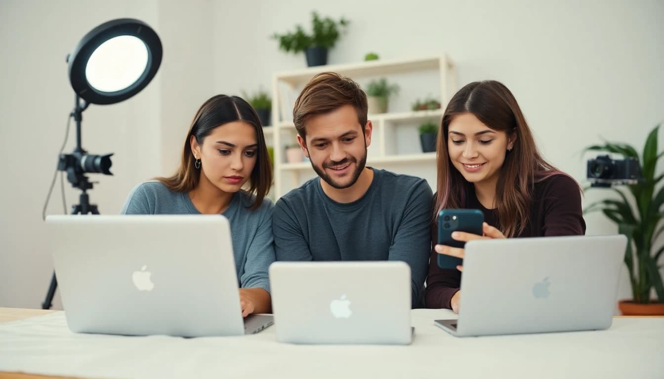 צוות יוצרים קטן באולפן ביתי בוחן טיוטות של PixVerse וידאו AI על מחשב נייד ועל טלפון