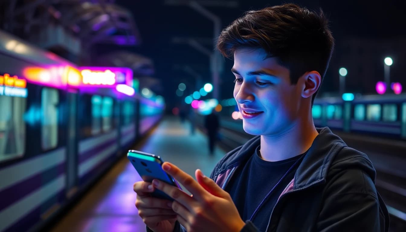 Young man reviewing a colourful animated video on his phone on a train platform at night