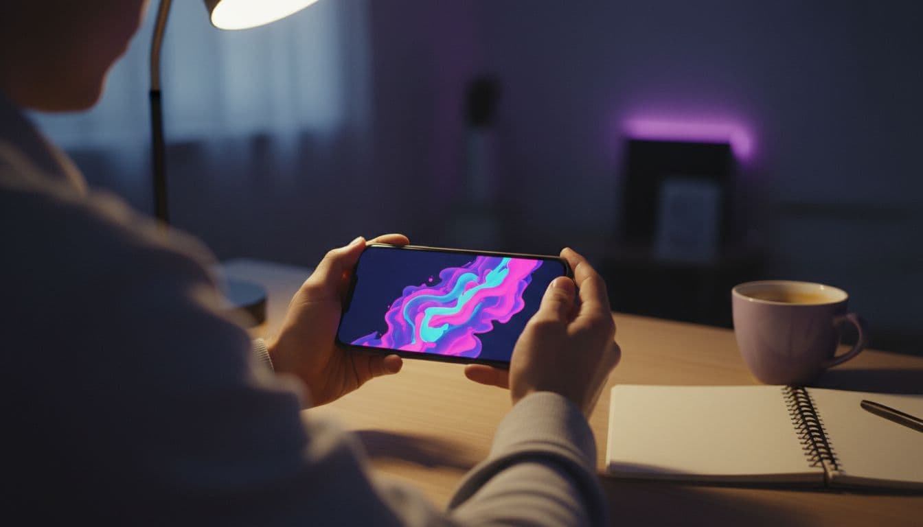 Hands holding a smartphone while choosing a model to generate a PixVerse AI video, soft desk lighting