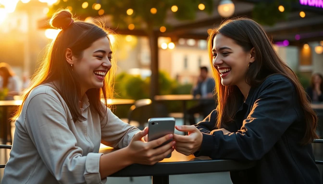 屋外のカフェのテーブルで、スマホの縦型ショート動画を見て笑う2人の友人