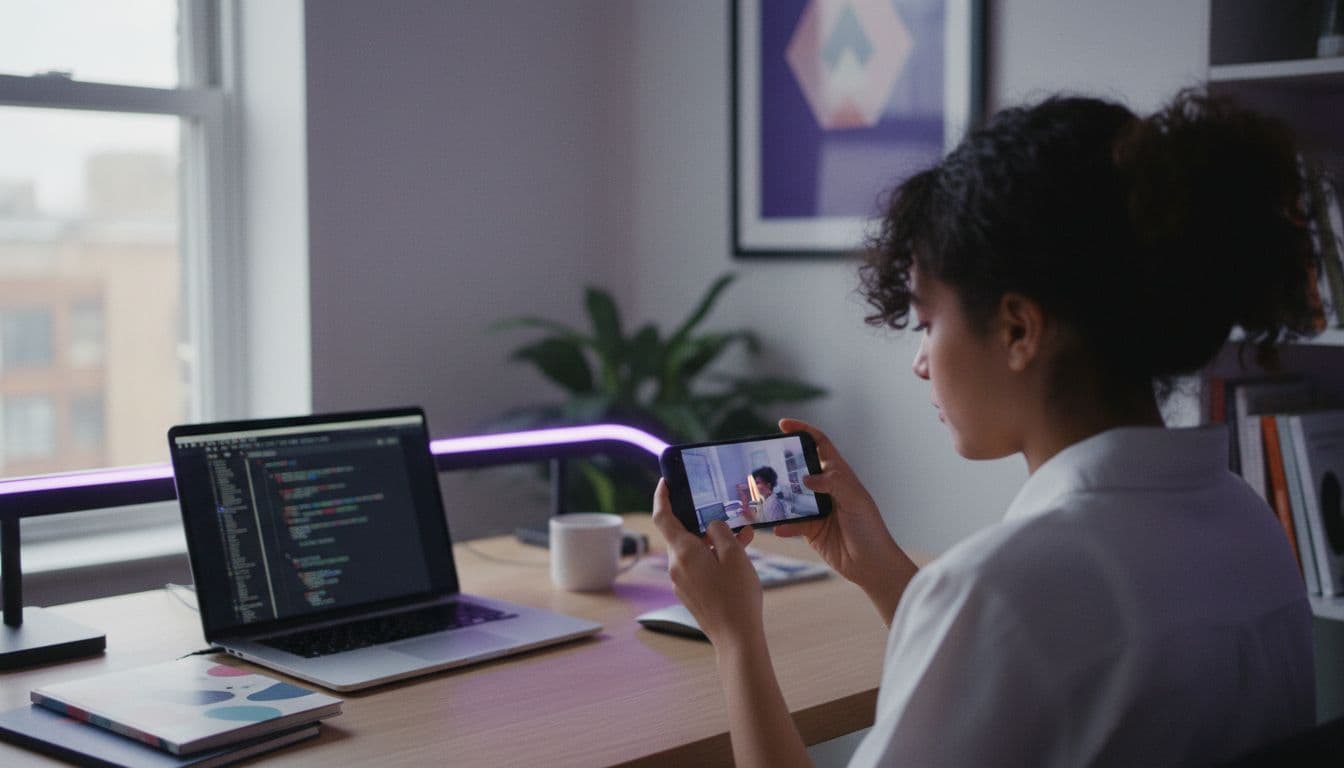 明るいスタジオでスマホのSeedance 2 AI動画ジェネレーターのクリップを確認するクリエイター