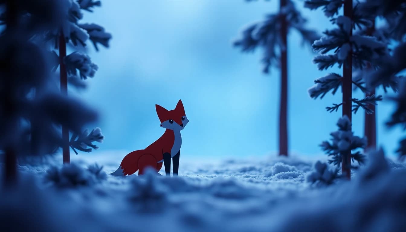 ミニチュアの雪の松林に立つ切り紙のキツネの置物、やわらかな青い夜明けの光
