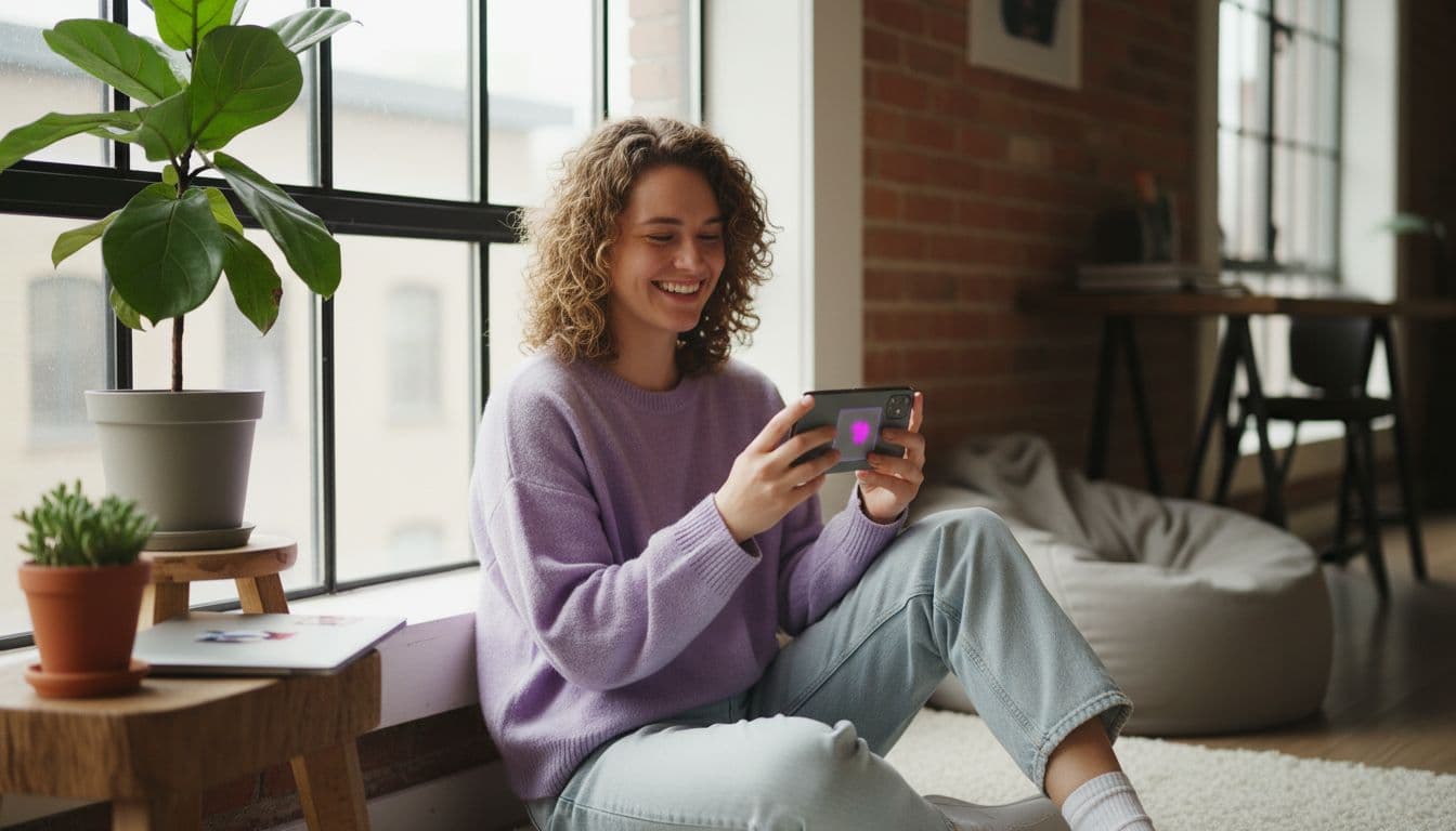 Creadora revisando un clip realista generado con IA en el móvil, una alternativa al generador de video IA Sora 2 en VIBE