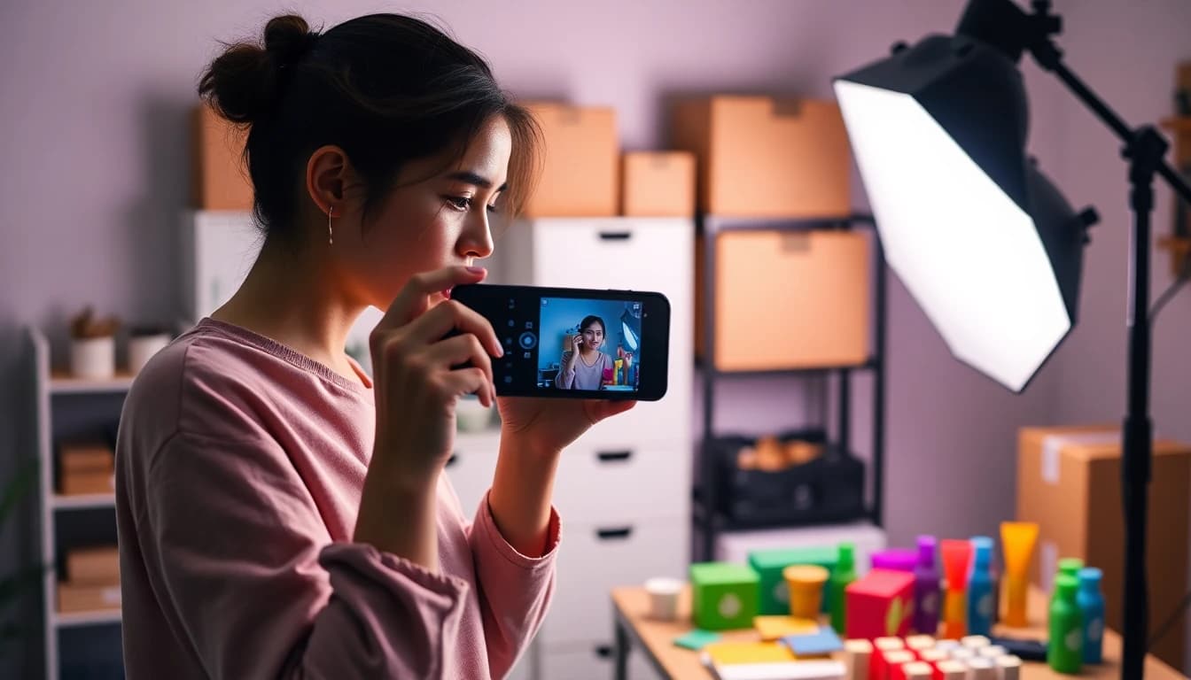Pequena empreendedora filmando um vídeo de produto com o smartphone em um estúdio caseiro