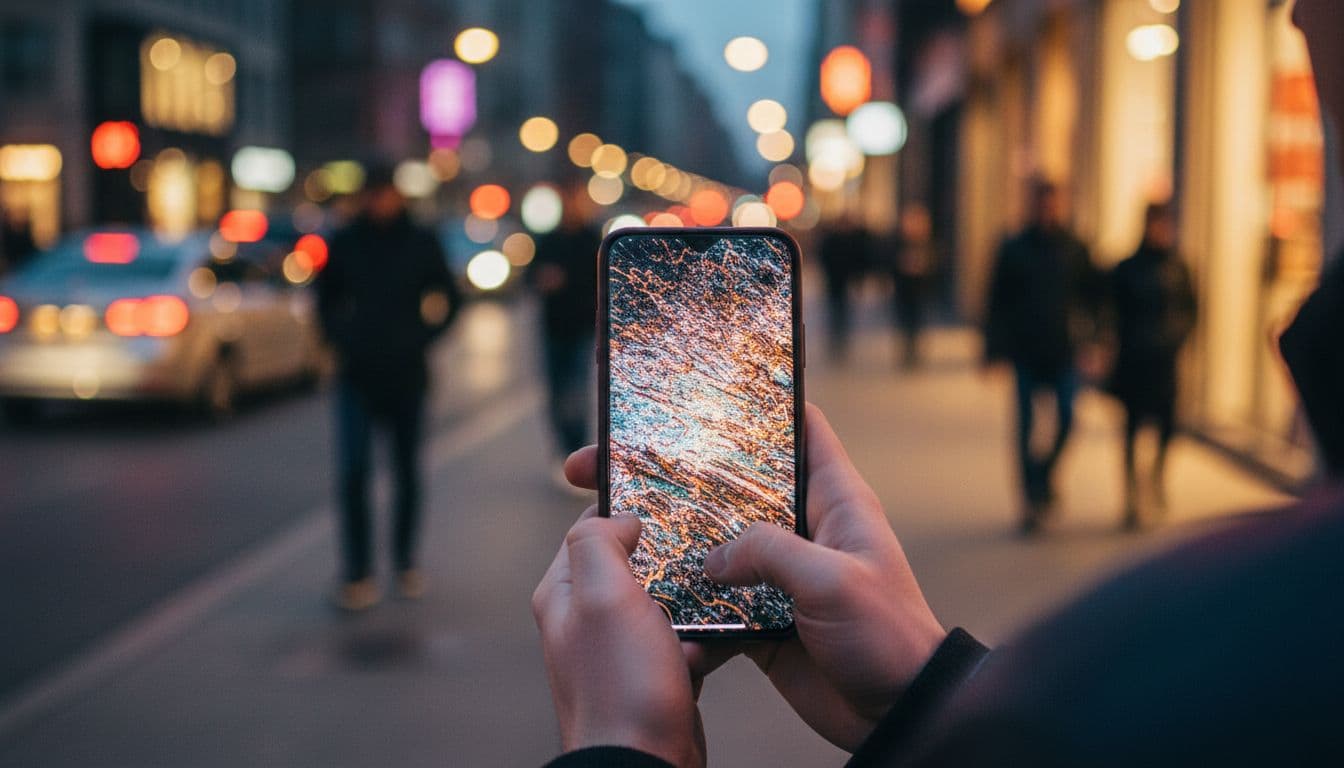 Manos sosteniendo un smartphone en una calle de la ciudad mientras revisan un video realista de IA, el tipo de imágenes que popularizó el generador de video IA Sora 2