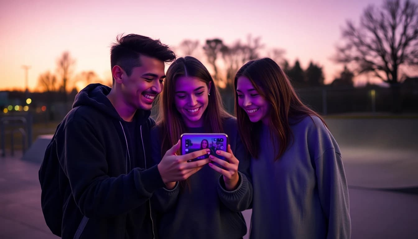 Amigos riendo mientras ven un video corto generado con IA en un móvil en un skatepark al atardecer