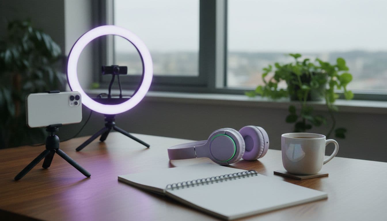 Mesa realista com smartphone em um tripé e ring light, uma configuração para fazer vídeos de IA no estilo Sora