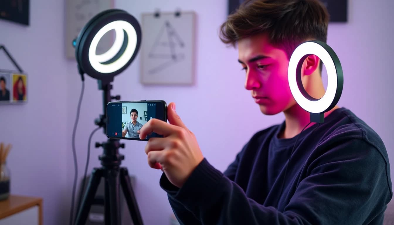 Criador revisando um vídeo vertical curto no celular ao lado de um tripé e um ring light