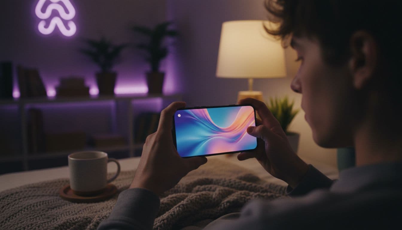 Criador assistindo no celular, em um estúdio iluminado, a um clipe do gerador de vídeo IA Google Veo 3.1