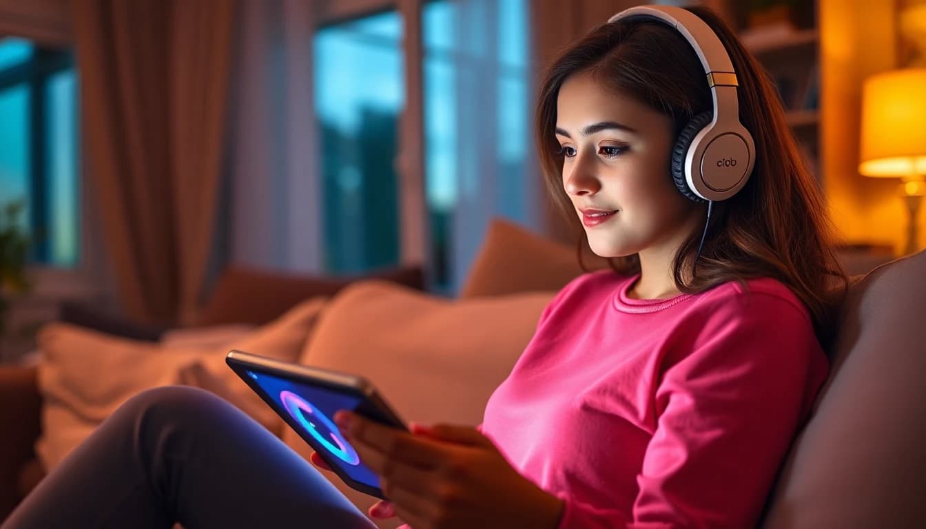 Jovem de fones de ouvido no sofá assistindo a um vídeo vertical curto em um tablet