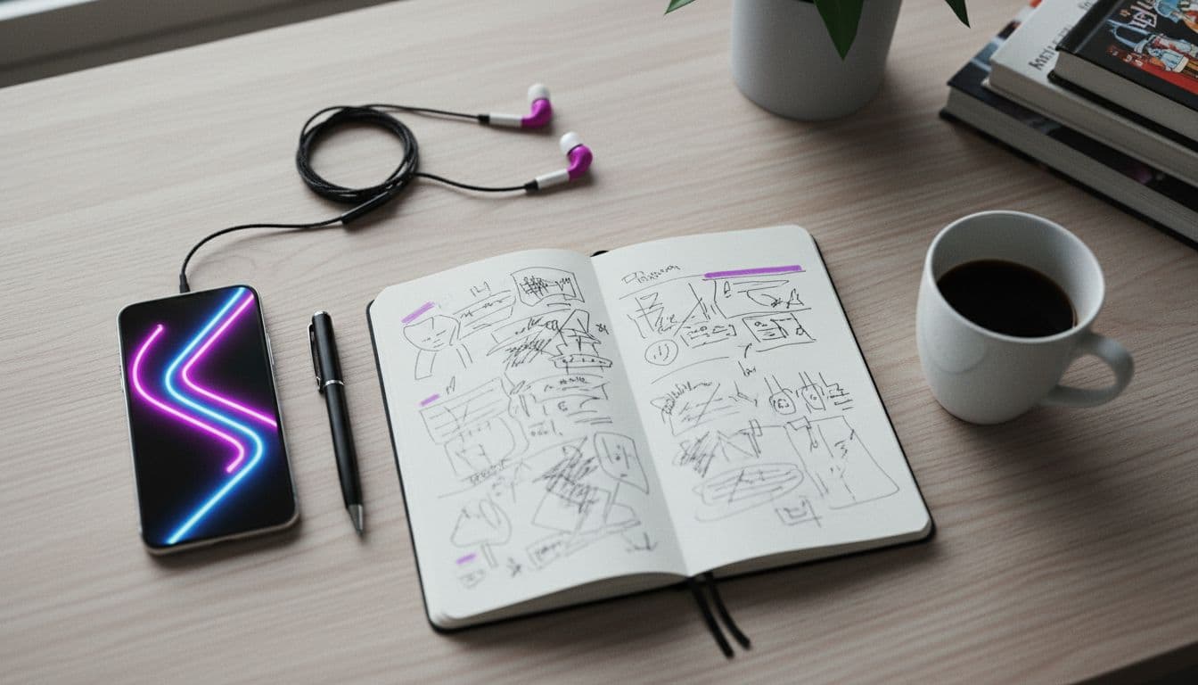 Mesa vista de cima com uma lista de planos no papel e um celular, planejando um clipe curto para um modelo de vídeo IA